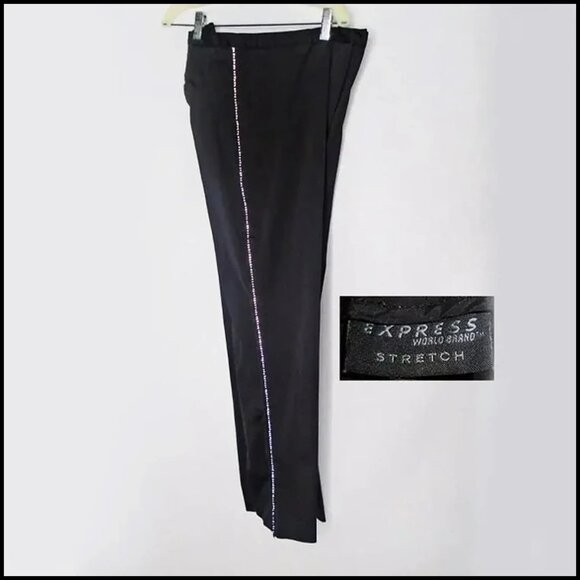 Black Satin Stretch Pants with Rhinestones, Boot Cut Bougie Evening Glam 90s - Picture 8 of 16